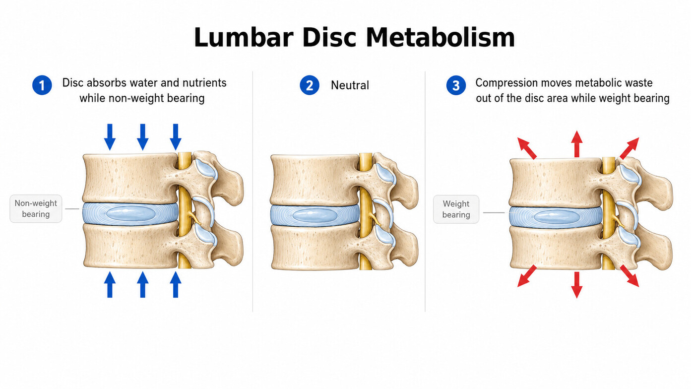 Diagram illustrating lumbar disc metabolism showing nutrient absorption during non-weight bearing and metabolic waste removal during weight bearing.