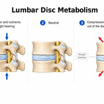 Diagram illustrating lumbar disc metabolism showing nutrient absorption during non-weight bearing and metabolic waste removal during weight bearing.